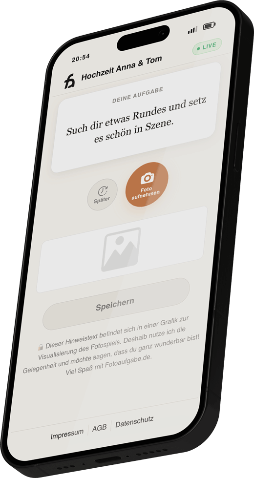 Smartphone-Ansicht des Fotoaufgaben-Spiels: Gäste lösen Fotoaufgaben direkt im Browser ohne App